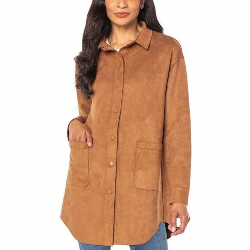 Well Worn Women's Faux Suede Jacket Size L Brown Oversized Longline Boho (NEW)